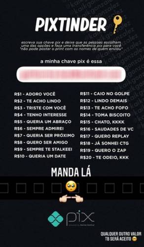 Exemplo de postagem divulgando a chave do PIX para paqueras nas redes sociais.