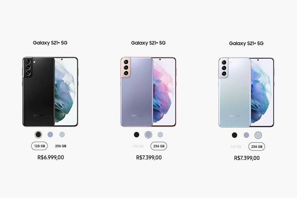 Preços e cores oficiais do Galaxy S21 Plus no Brasil. (Fonte: Samsung / Reprodução)