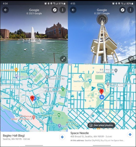Exemplo do recurso de tela dividida do Street View para mobile.