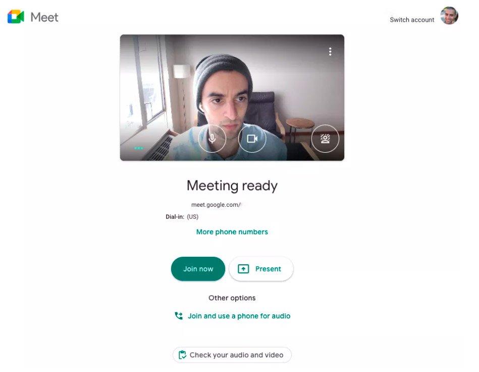 O botão de verificar áudio e vídeo aparece na base da página inicial de reunião do Google Meet