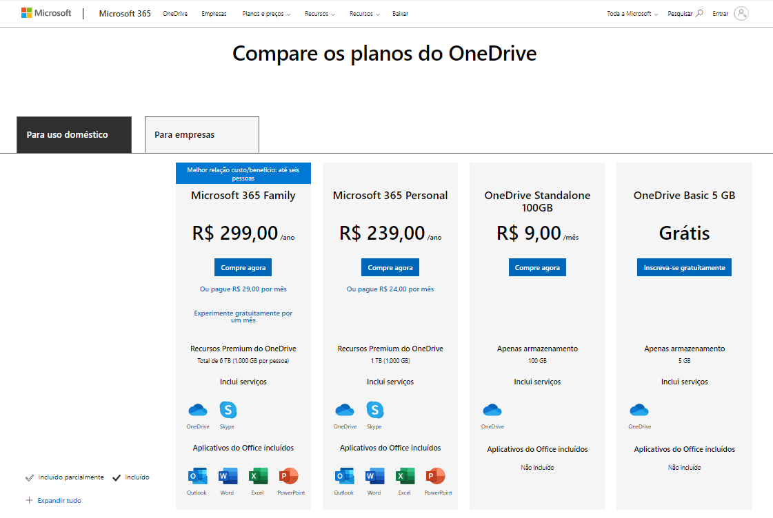 Preço dos planos de uso doméstico oferecidos pela Microsoft varia de acordo com os benefícios.