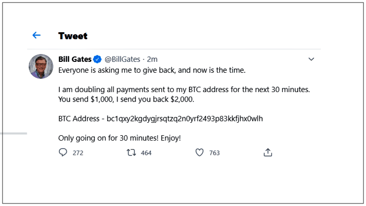 No Tweet acima, hackers se passam por Bill Gates e solicitam o pagamento em bitcoins de US$ 1 mil sob a promessa de devolver o dobro.