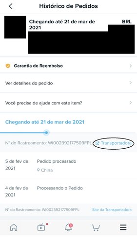 Selecione a opção Transportadora para acessar o site de rastreamento da encomenda