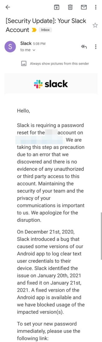 E-mail enviado por equipe do Slack alerta sobre bug.