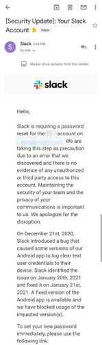 E-mail enviado por equipe do Slack alerta sobre bug.