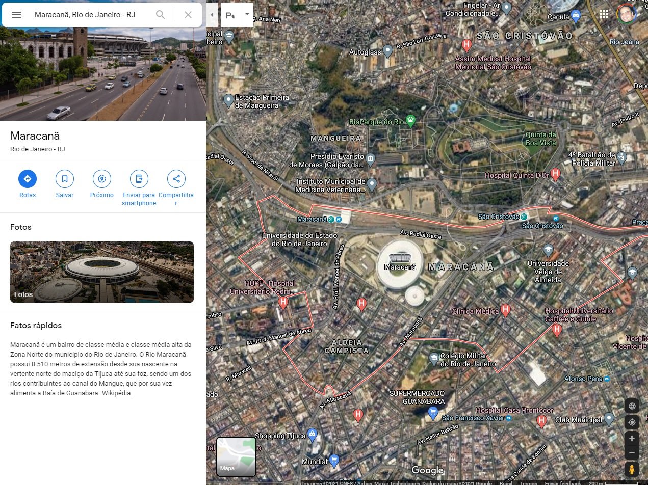 Modo Satélite mostra em detalhes a região buscada no Google Maps