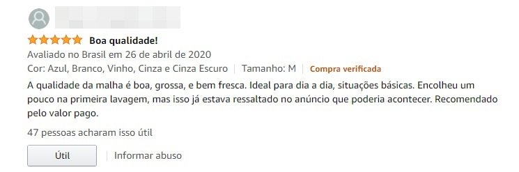 Exemplo de comentário que confirma a qualidade (ou não) de um produto.