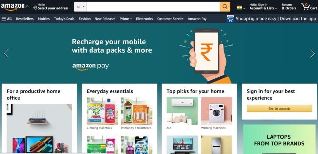Versão indiana do site da Amazon.