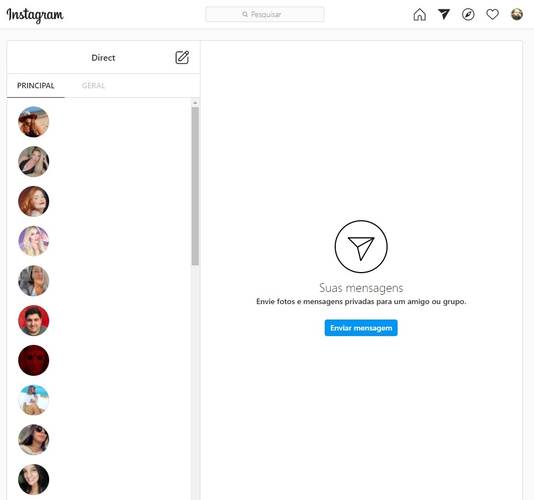Tela principal das mensagens diretas no Instagram