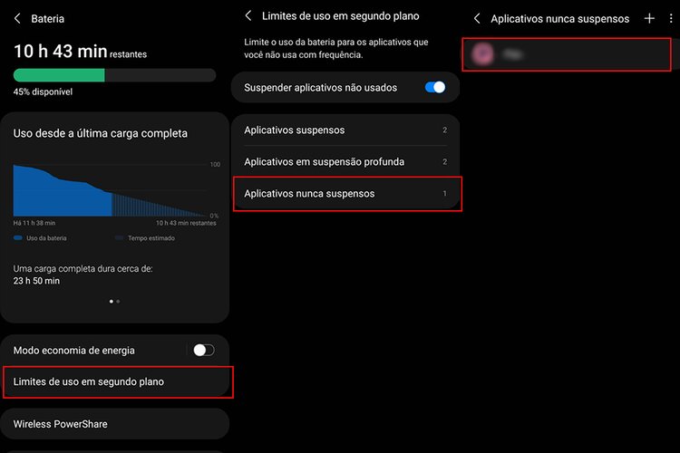 É possível impedir que os aplicativos sejam suspensos e passem pela otimização de bateria, mas não é possível desligar o recurso de fechamento automático. (Imagem: Adriano Camacho)