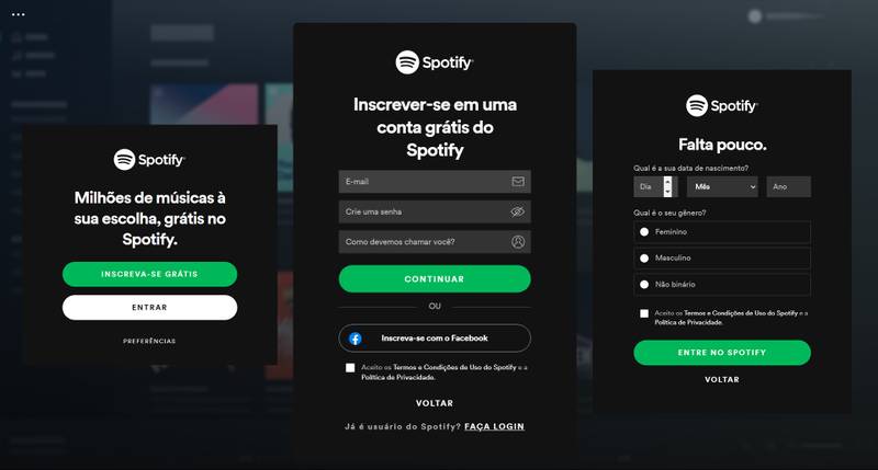 Processo de criação de contas no aplicativo do Spotify para Windows. (Fonte: Spotify, Adriano Camacho)