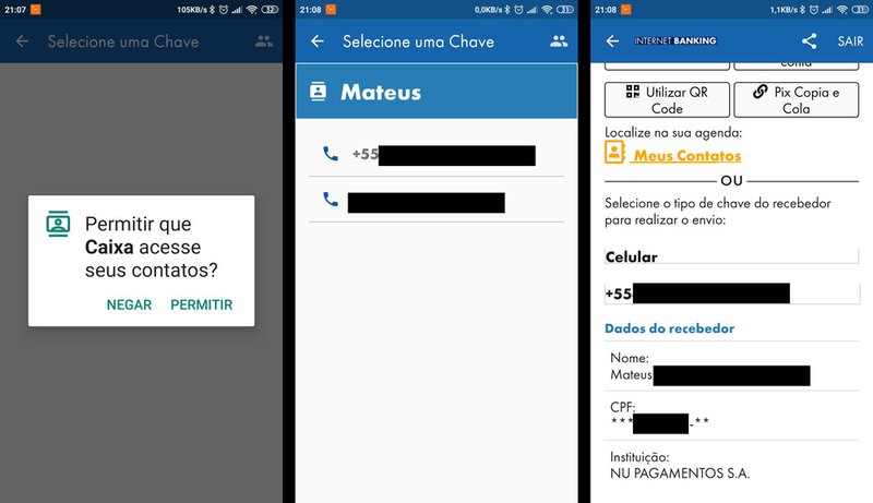 Para usar a opção de contatos, é necessário fornecer permissões ao app da Caixa no Android