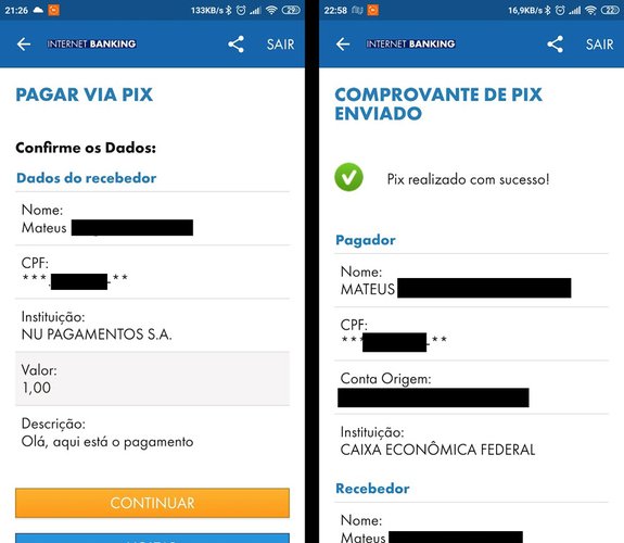 Tela para conferir os dados do Pix e o comprovante da transferência.