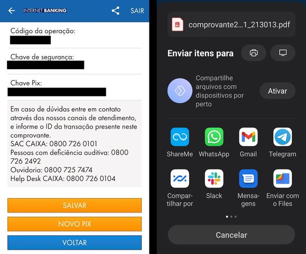 O comprovante pode ser salvo em PDF e enviado para contatos em aplicativos de mensagem.