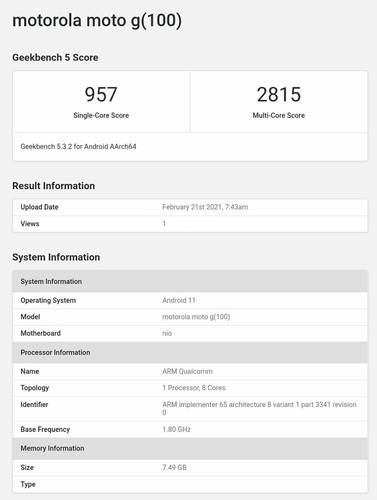 Informações do teste de desempenho do Moto G100.