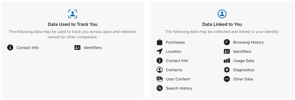 Na App Store, a seção “Privacidade do Aplicativo” informa os dados que são coletados pelo app.