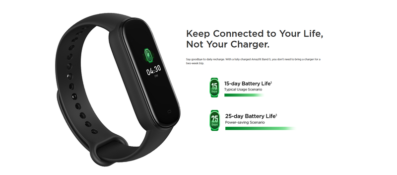 A bateria da Amazfit Band 5 pode durar até 25 dias se você não utilizar todos os recursos