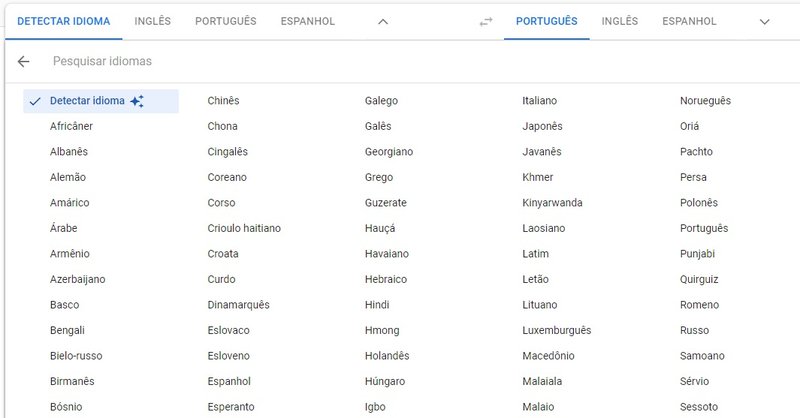 Algumas das opções de idioma do tradutor.