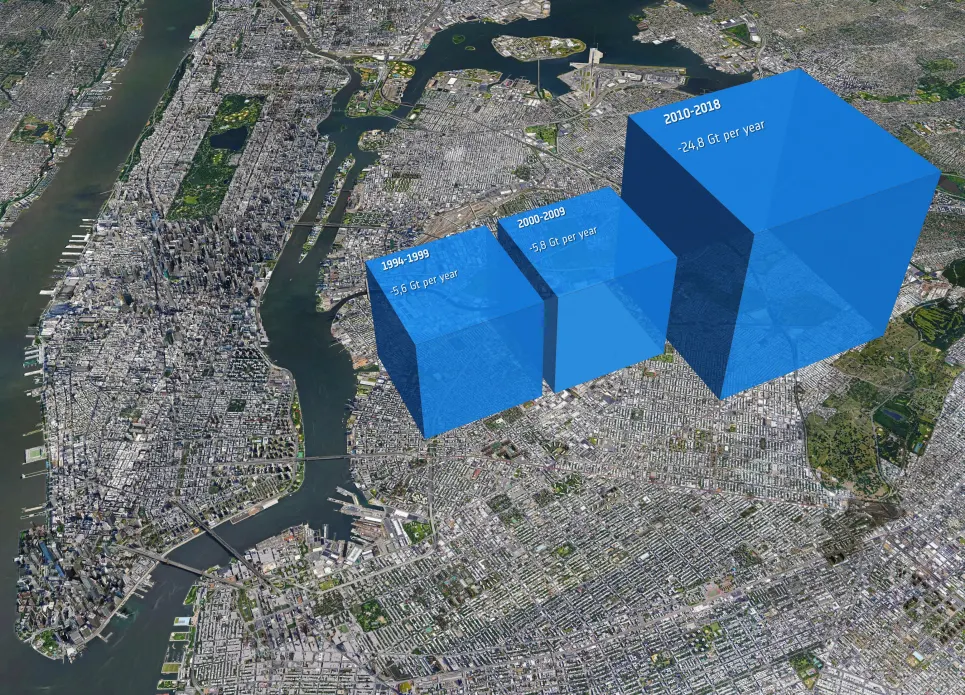 Cubos posicionados sobre Manhattan representam o gelo perdido ao longo do tempo na região de Getz.