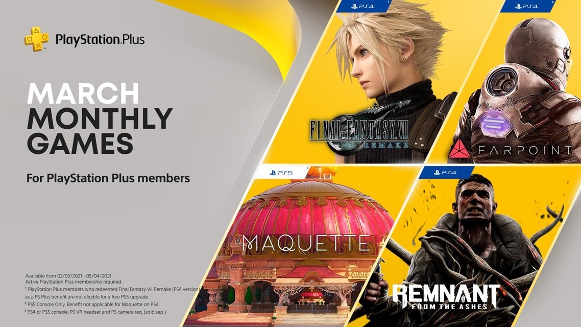 PS Plus de março tem FF7 Remake, Remnant: From the Ashes e Farpoint