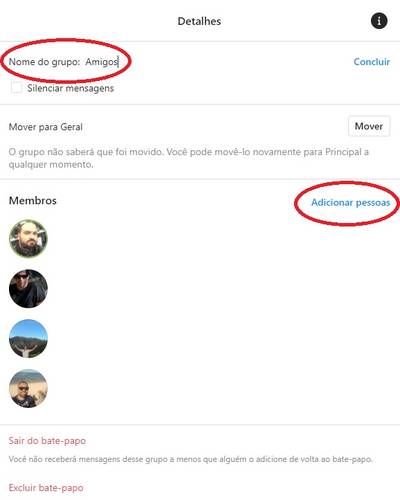 Antes de iniciar o grupo é possível criar um nome para ele, adicionar mais pessoas e até remover membros
