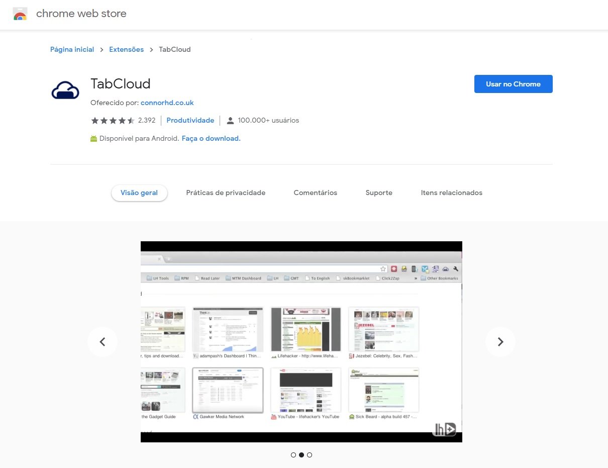 A extensão TabCloud permite transferir uma sessão aberta no Google Chrome para outro PC