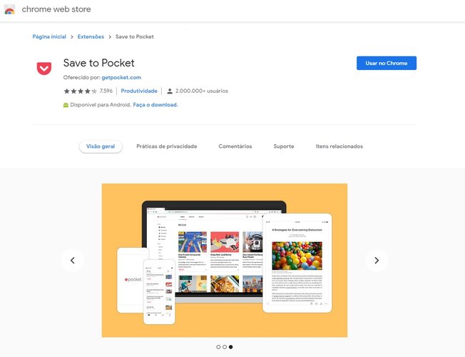 Save to Pocket permite salvar notícias e artigos para que você possa fazer a leitura de maneira offline