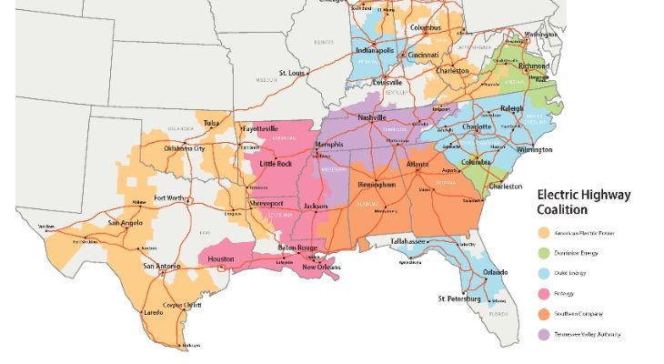 Mapa da futura rede de postos de carga rápida nos Estados Unidos.
