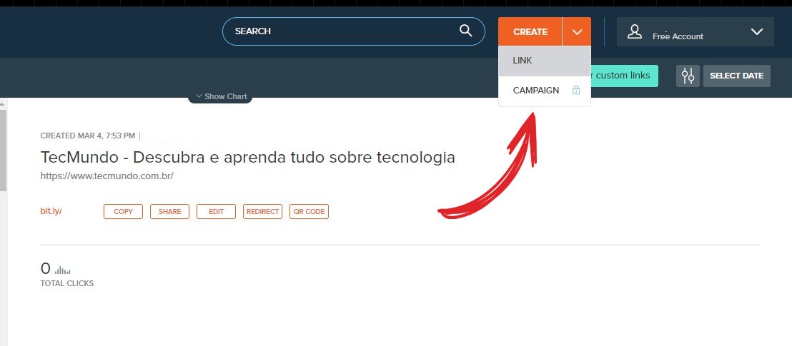 Acesse a conta do Bitly e procure o botão “Create” no canto superior direito.