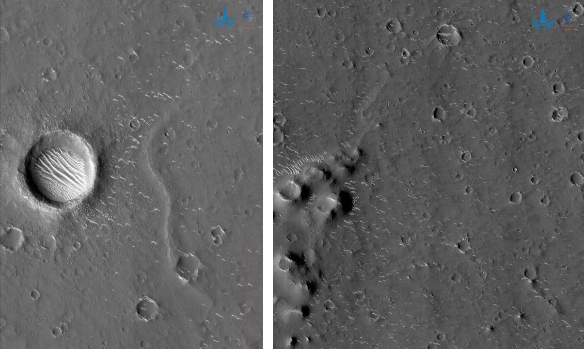 As imagens em preto e branco foram obtidas quando a sonda estava a cerca de 330 quilômetros da superfície de Marte.