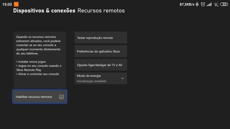Ative a opção de recursos remotos e configure o modo de energia para inicialização imediata.