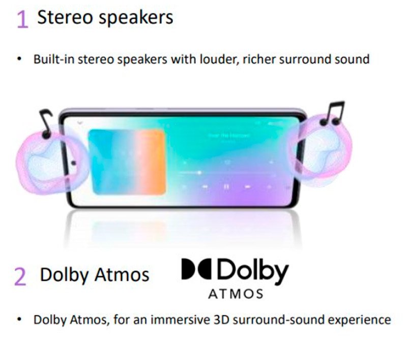 O celular contará com dois alto-falantes e suporte para Dolby Atmos, segundo o vazamento