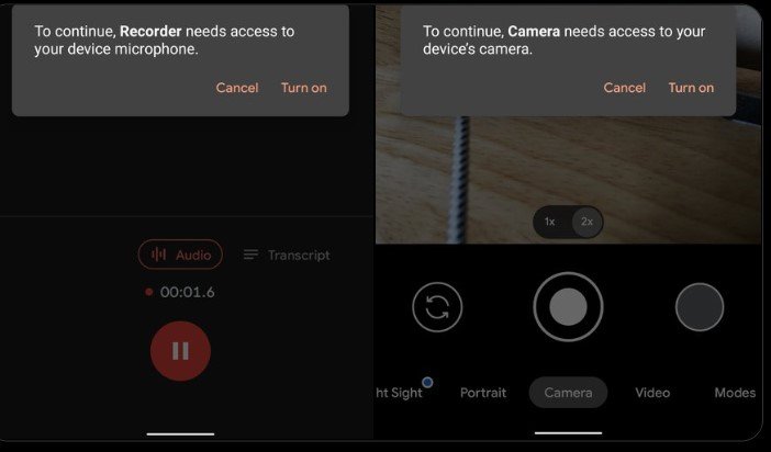 Android 12 exibirá avisos quando a câmera e o microfone estiverem em uso.