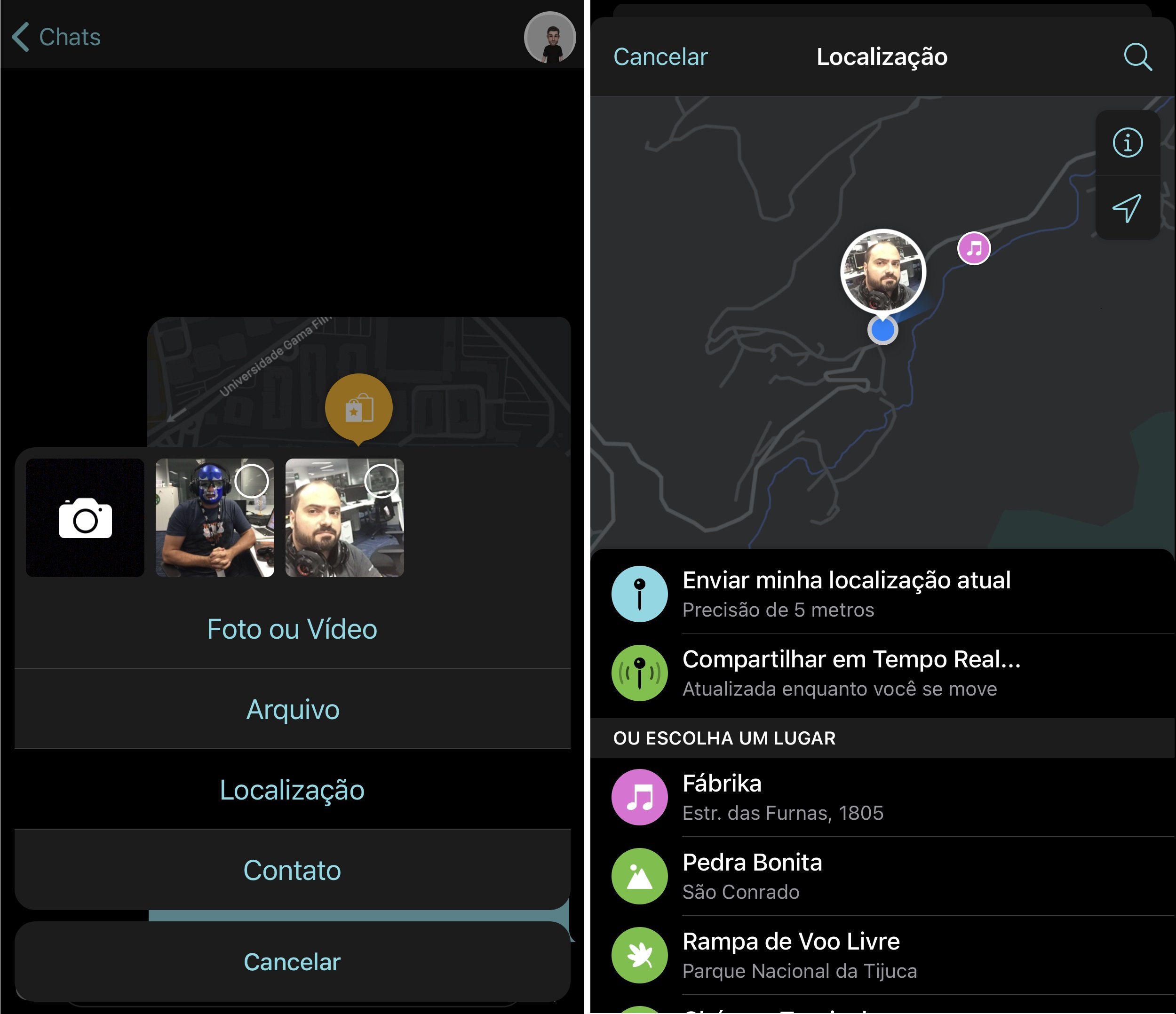 O Telegram permite compartilhar sua localização ou a de um determinado local