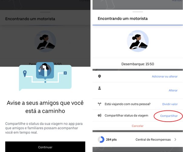 Com o Uber é possível compartilhar o trajeto de suas viagens com parentes ou familiares