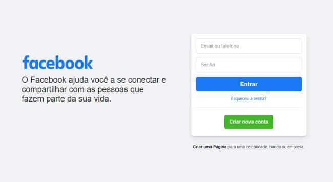 Página de login do Facebook.