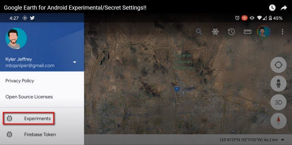 O recurso "Experiments" é o que dá acesso ao timelapse no Google Earth em Android.