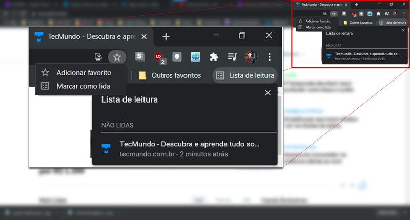 Interface da nova função "Lista de Leitura", no Google Chrome. (Fonte: Adriano Camacho)