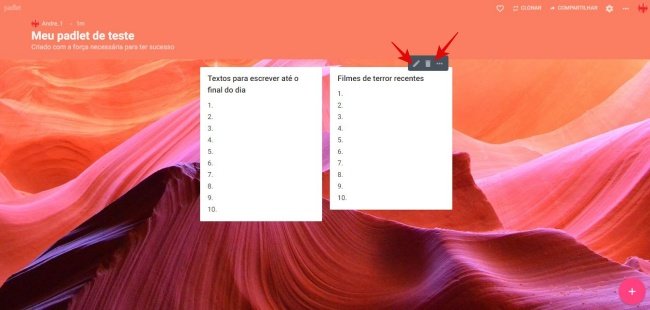 Use o menu para editar ou apagar os itens criados.