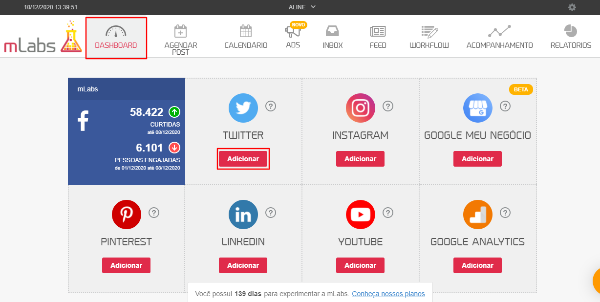 No Dashboard, o usuário consegue conectar a diferentes redes sociais.