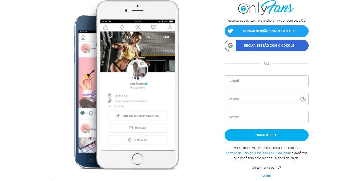 Página inicial da plataforma OnlyFans, que funciona de forma muito parecida com uma rede social, permitindo que os usuários sigam uns aos outros, mas sob algumas condições.