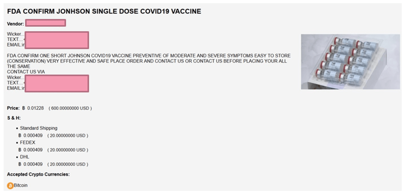 Imagem do anúncio da vacina da Johnson & Johnson na dark web.