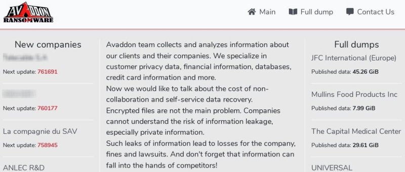 O site do ransomware com os casos registrados.