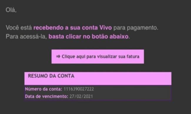 Exemplo de e-mail falso usado no golpe.