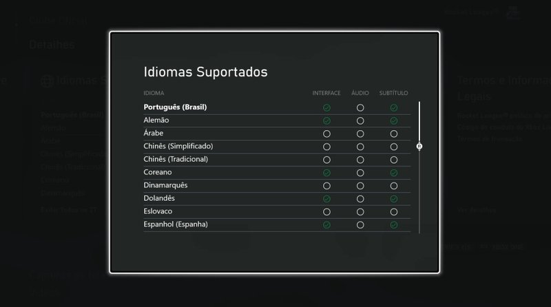 Nessa tela você confere quais recursos estão disponíveis em um determinado idioma