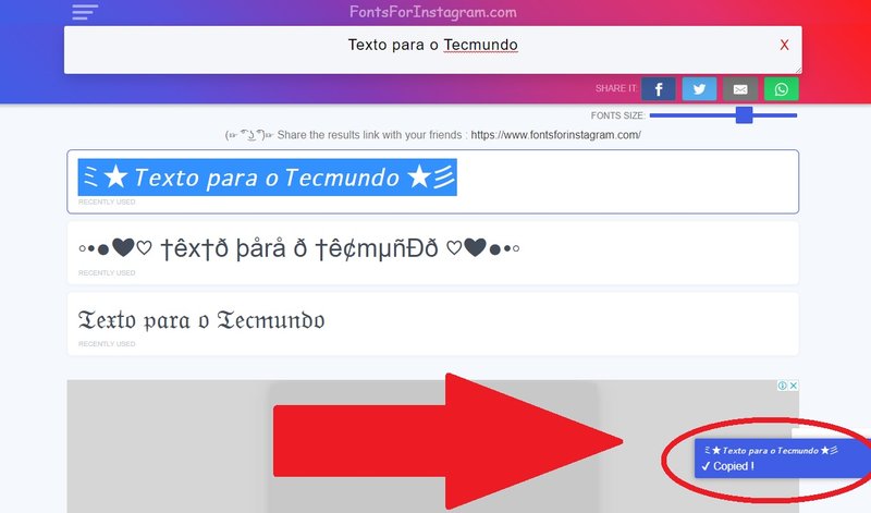 Fique atento à mensagem indicando que o seu texto foi copiado com a fonte selecionada