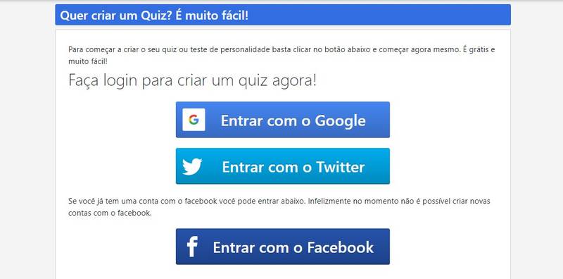O Quizur permite cadastro apenas com contas do Gmail ou Twitter.