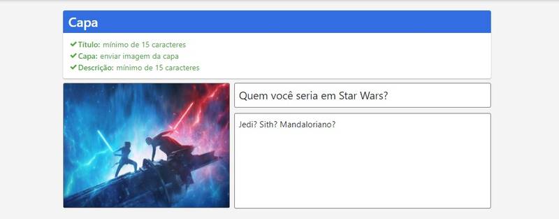 Ao produzir um teste, o usuário deve criar um nome, uma descrição e adicionar uma foto.