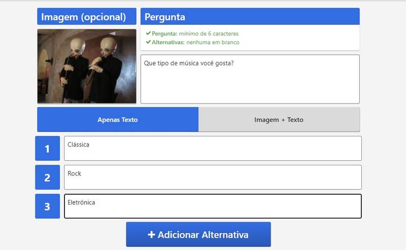 Os testes devem ter no mínimo cinco perguntas.