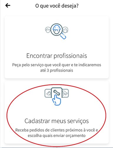 Escolha a opção Cadastrar meus Serviços para procurar pedidos de clientes